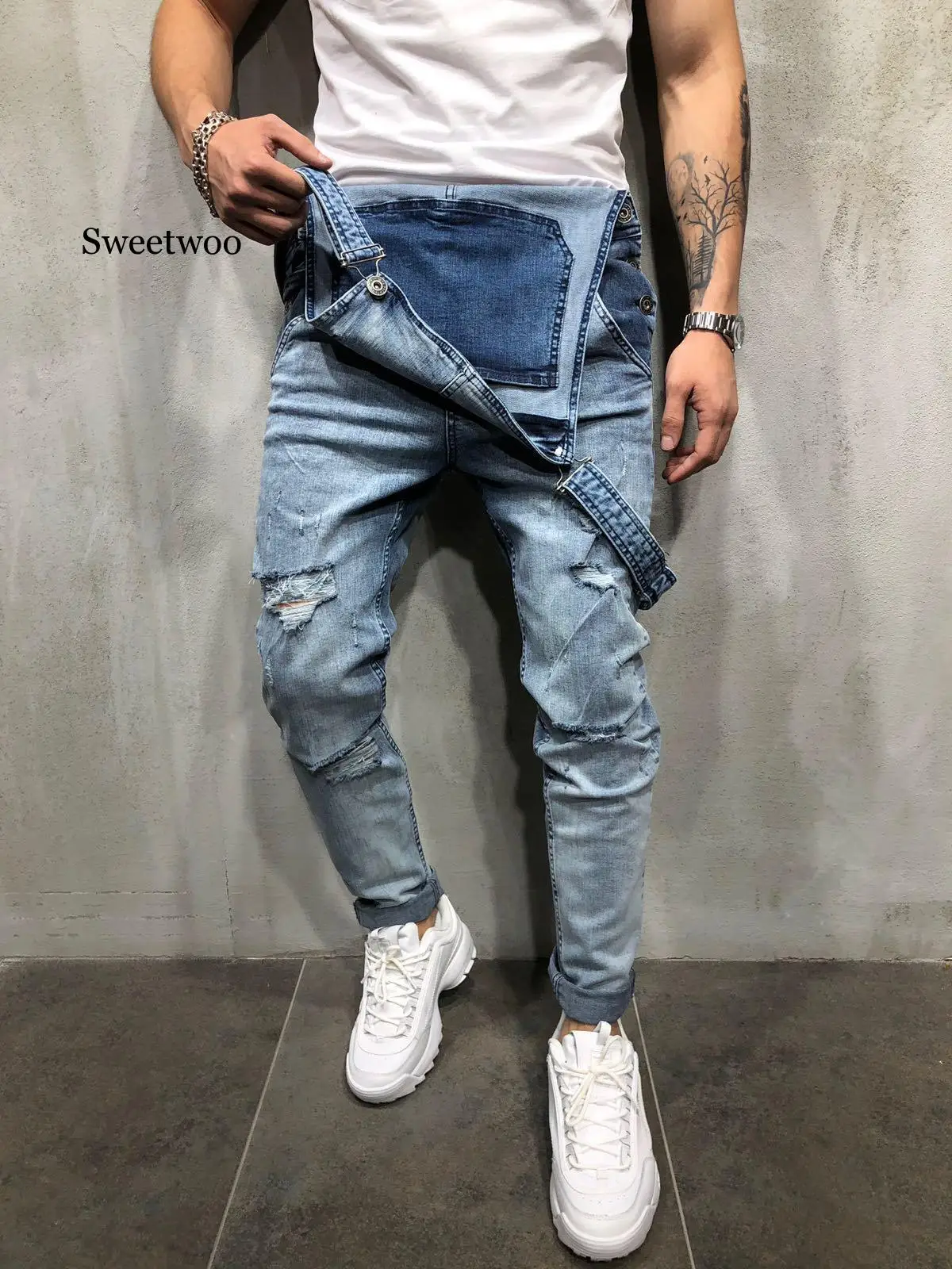 Fashion Men's Ripped Jeans Jumpsuits Hi Street Distressed Denim Bib Overalls For Man Suspender Pants Size S-XXXL