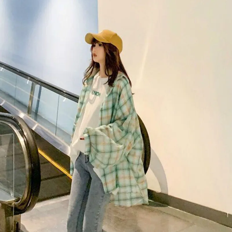 

Shirts Women Plus Size Plaid Loose Leisure BF Ulzzang Harajuku Outwear Single Breasted Casual Blouses Students Streetwear Womens