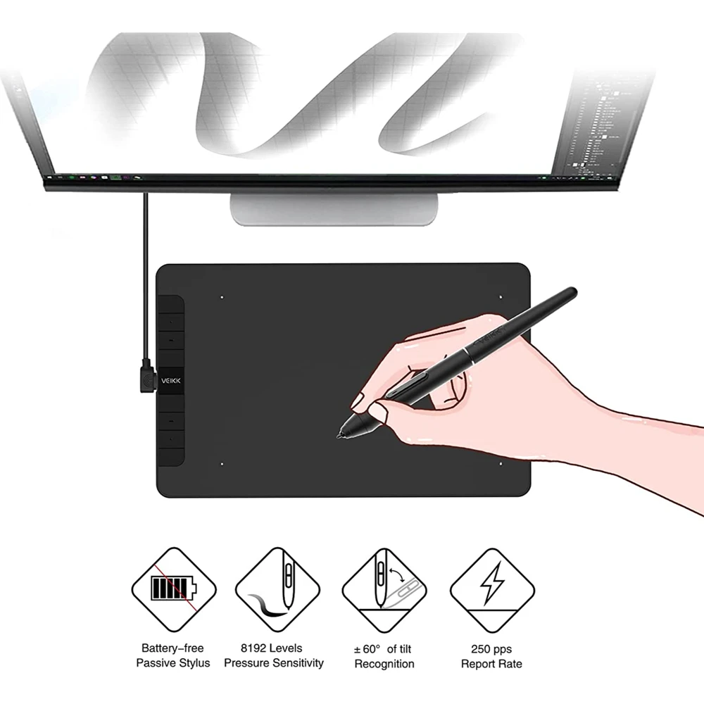 

VEIKK VK1060 Drawing Tablet 10x6 Inch Graphics Tablet with 8 Shortcut Keys 8192 Levels Battery Free Pen Supports Tilt Function