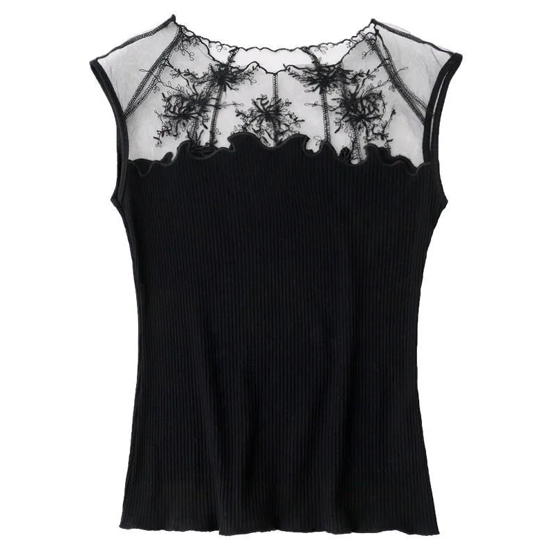 

Summer Lace Spliced Stretch Knitted T Shirt Women Fashion Sleeveless Elegant Embroidery Mesh Tees Female Casual Slim T-shirts