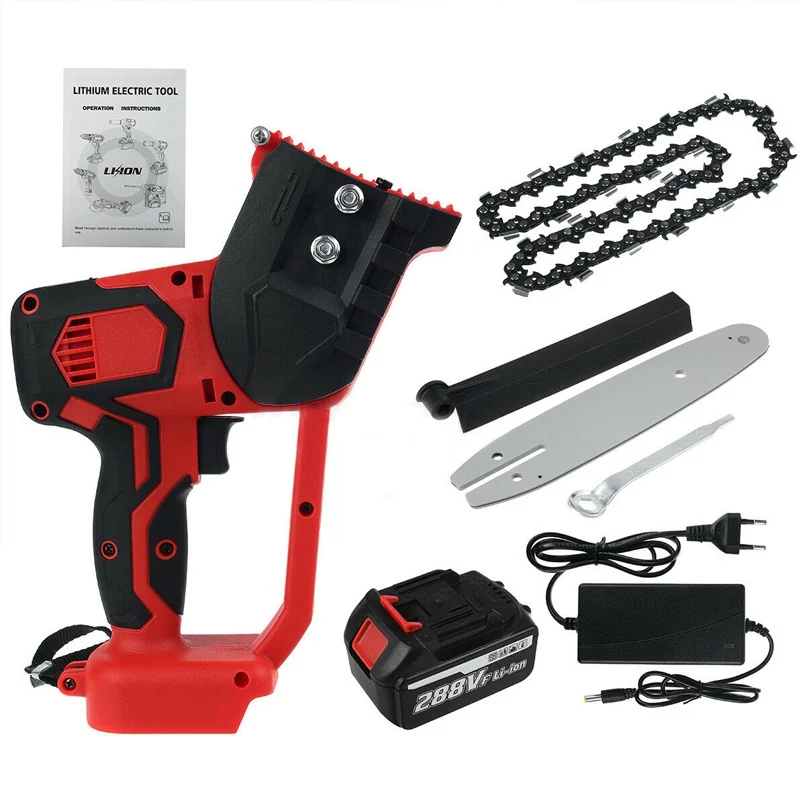 

1500W 288V Cordless Electric Chain Saw Wood Cutter Mini One-Hand Saw Woodworking with One Battery Chainsaw Power Saw Blue Red