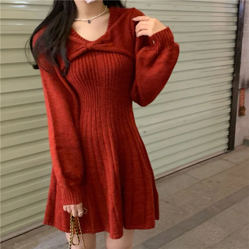 

2022 Winter New Women Short Red Christmas Dress Warm Knitted Sweater Basic Dress robe de noel femme vestido navidad mujer