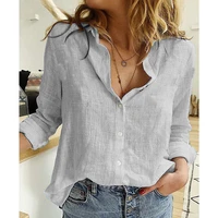 plus size tops women shirts cotton linen button long sleeve gray white shirt fashion pocket casual blouses