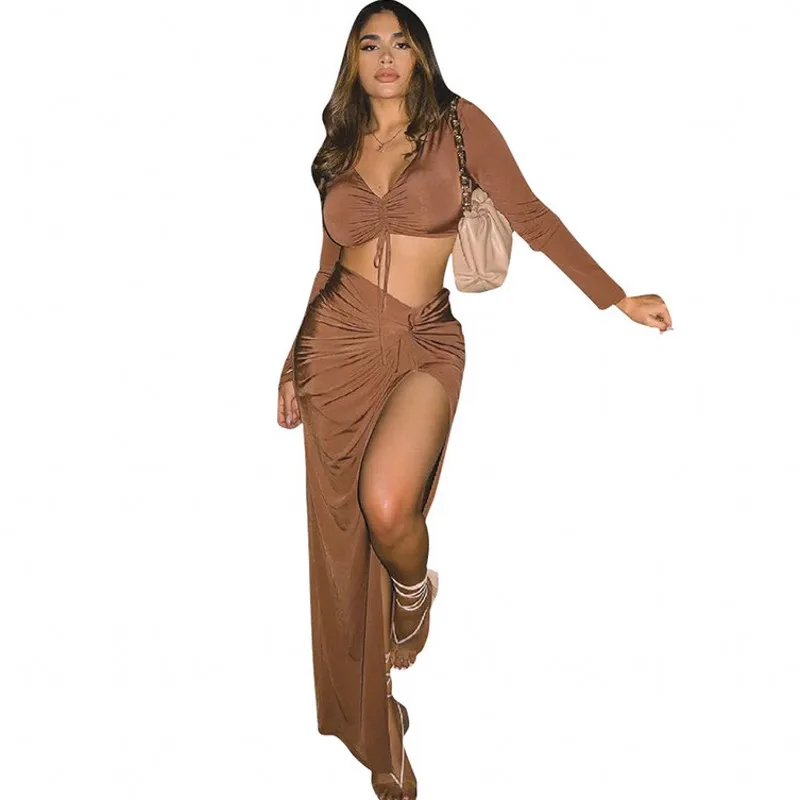 

Long Skirts 2 Piece Sets Women Drawstring Full Sleeve Crop Tops Outfits Summer Solid Elegant Sexy Street Style Split Skirt Suits