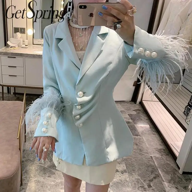 Getвесна Женский блейзер перо пэчворк жемчуг Ретро стиль женские блейзеры куртки