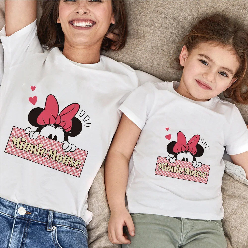 

Minnie Mouse Family Matching Clothes Summer Short Sleeve Casual White O-neck Tshirt Mommy And Me Family Look Outfits Streetwear