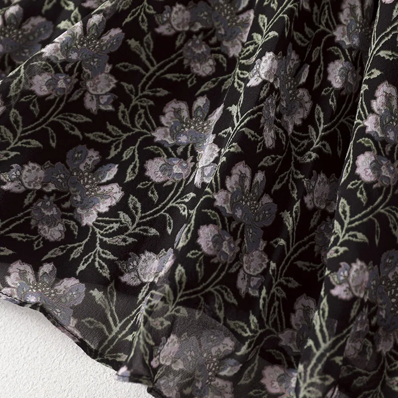 

A-Line Black Printed Silk Women High Quality Dress Elegant Floral Long Sleeevs Spring Summer Fashion Women Luxurious Silk Dress