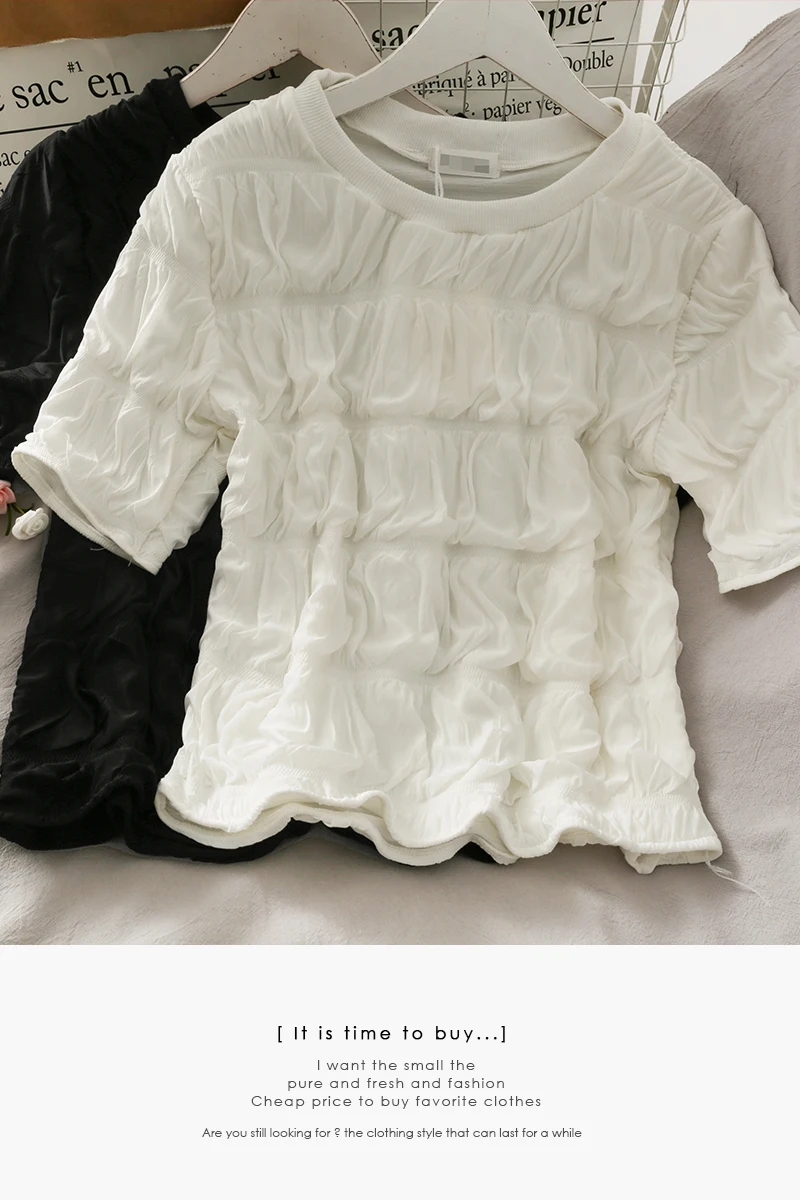 

2021 Summer T-shirt women round neck short sleeve Folds top fashion