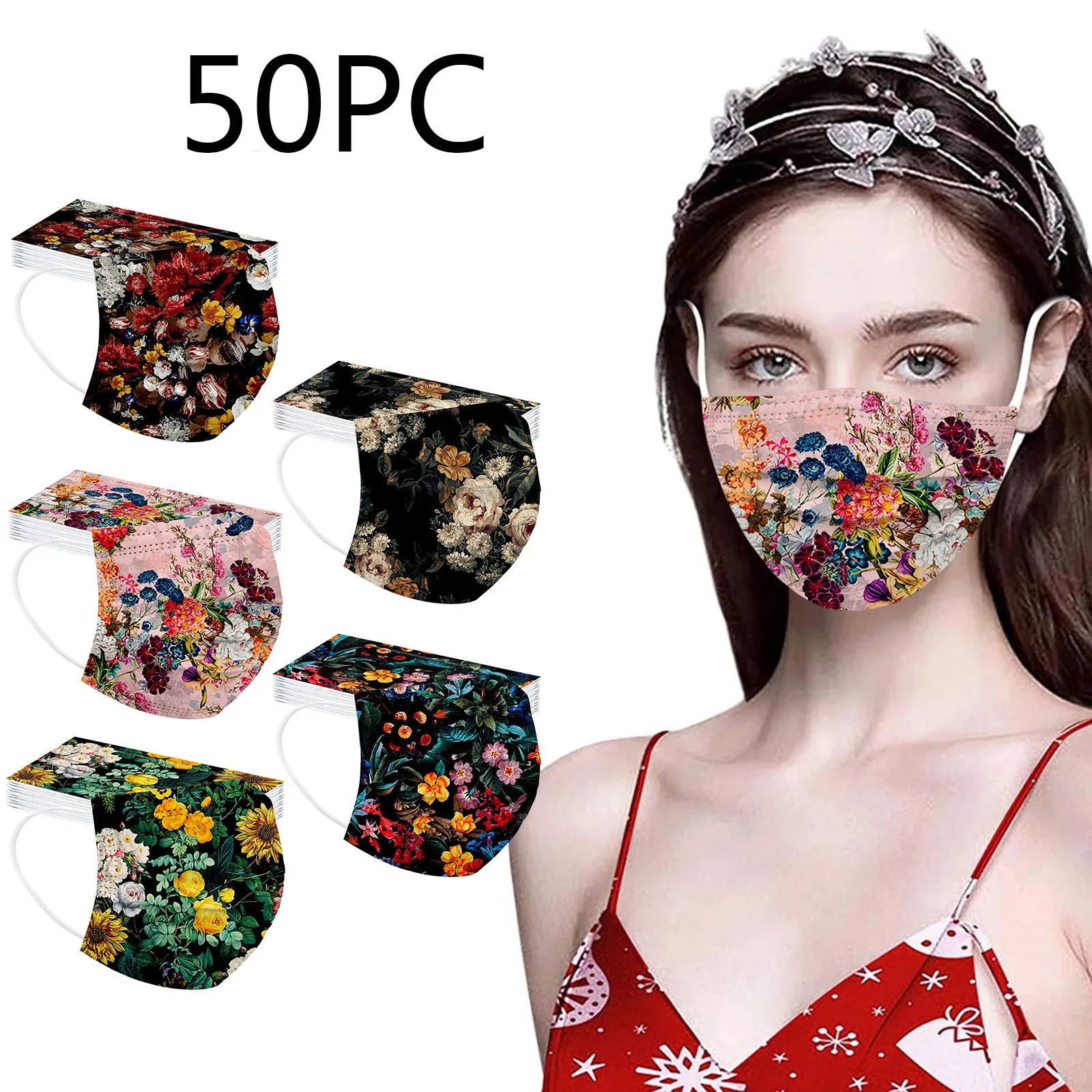 

Headband masque 10/20/50PC Flower Print Masks for Protection Face Mask Disposable Earloop Mask mascarillas маска на рот бандана#