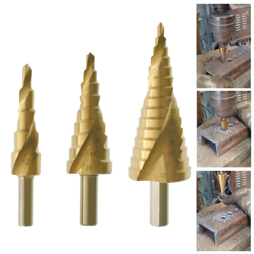 

3 Pieces Golden Titanium-Coated Triangle Shank Step Drill Bit Set with Box for Perforated Metal Iron Aluminum Brass