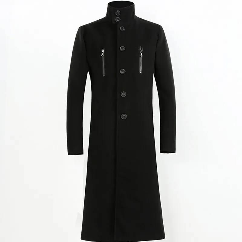 

Mens Winter Stand Collar Maxi Long Woolen Blends Trench Coat Slim Fit Plus Size 4XL Zip Windbreaker Military Overcoat Male Coats