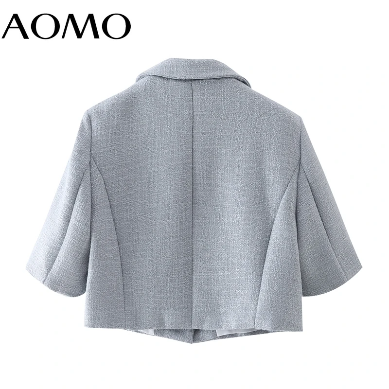 

AOMO Women 2021 Fashion Tweed Crop Blazer Coat Tassel Pocket Short Sleeve Female Outerwear Chic Tops DA42A