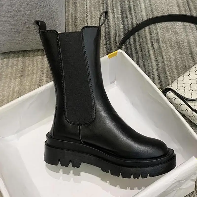 

Boots Women 2021 Autumn Stretch Cloth Black Gothic Shoes White Leather Punk Chelsea Mid Calf Square Heel Botas De Mujer
