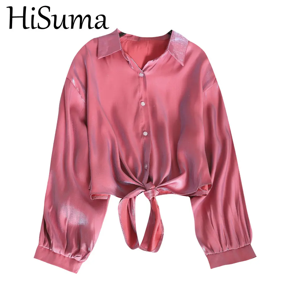 HISUMA Spring Autumn Women Turn-down Collar Bandage Strap Basic Cardigan Button Shirt Lady Short Bling Silk Chiffon Blouse Tops