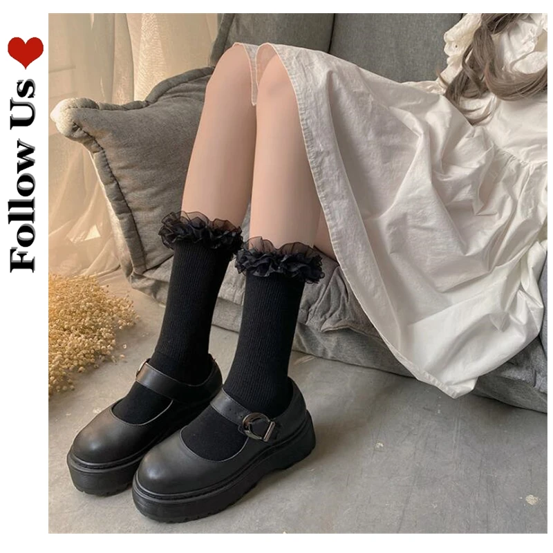 

Японские милые сетчатые кружевные носки, женские носки из 2021 хлопка с вертикальными полосками и ворсом, мягкие женские носки-трубы в стиле "...