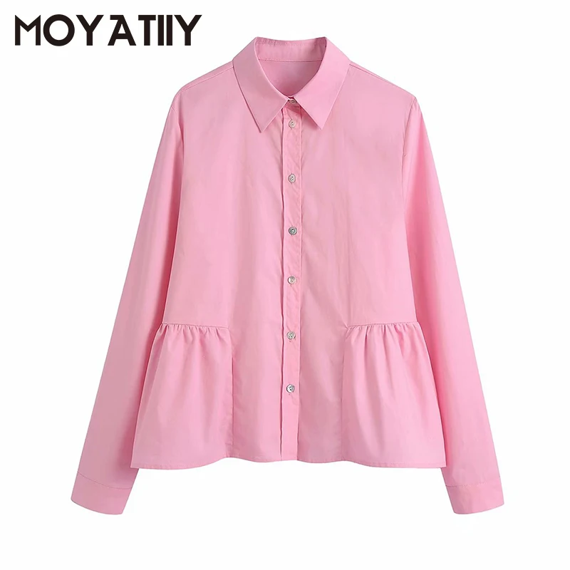 

MOYATIIY Fashion Women 2021 Shirts Candy Pink Color Vintage Ruffle Wave Blouse Office Lady Shirts with Button Female Tops