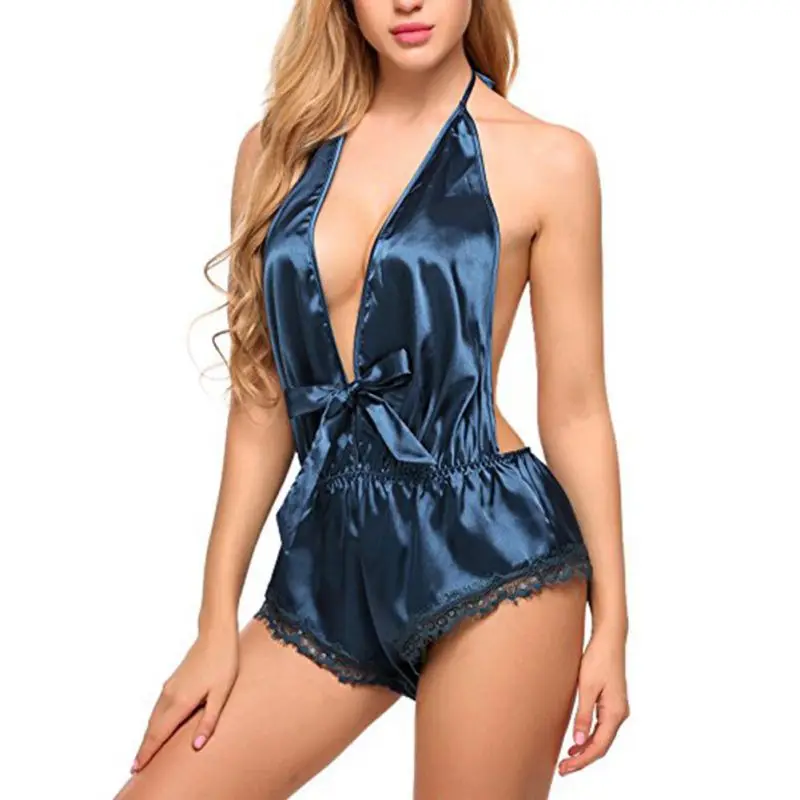 

Sexy Women Dress Backless Deep-V Nightdress Neck Straps Front Chest Bow Design Lace Pajamas Clothing