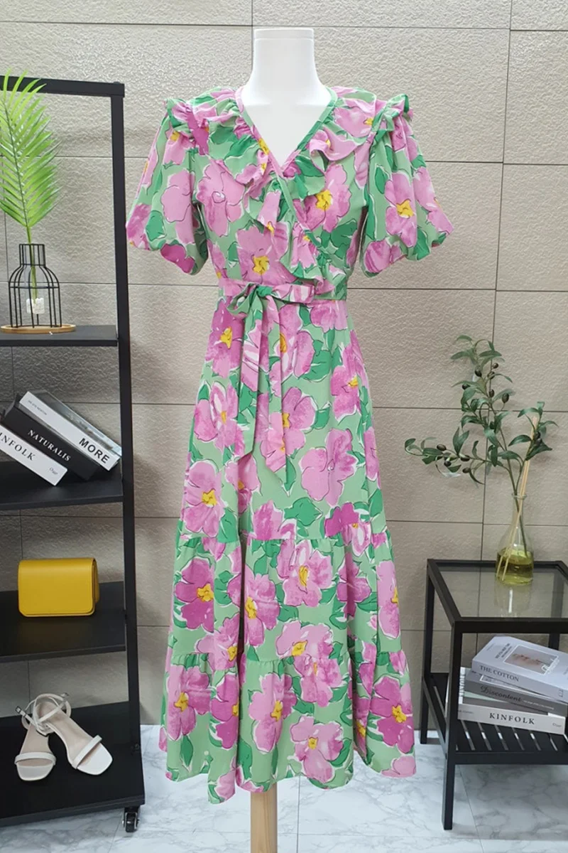 

Ruffled V Neck Floral Long Dress 2021 Summer Fashion Lace Up Waist One Piece Dress Female Elegant Short Sleeve A Line Dress