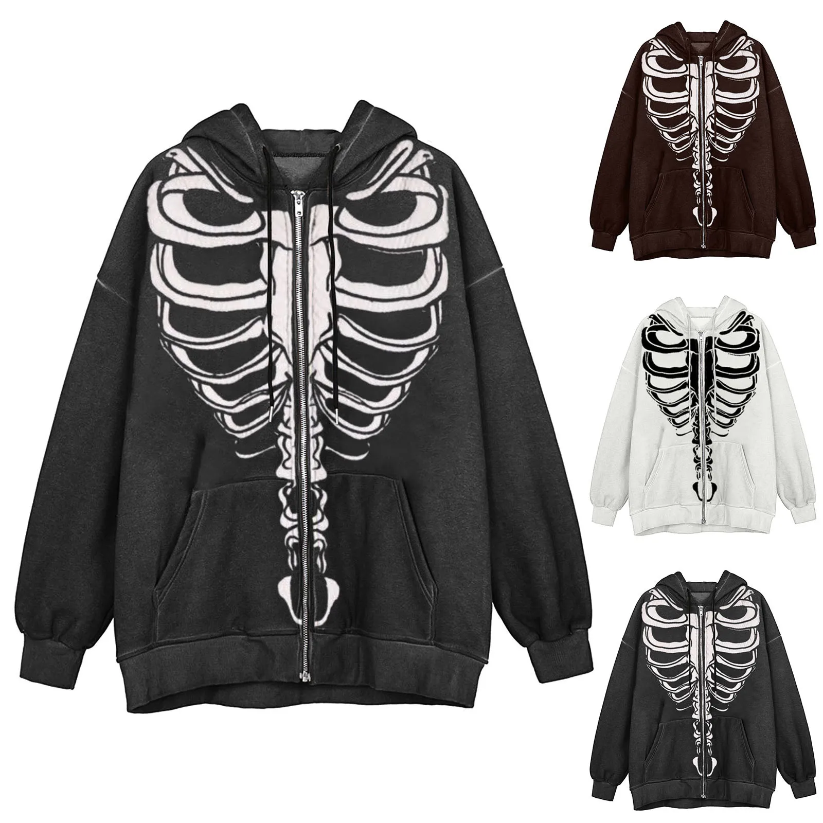 

Women Vintage Gothic Sternum Print Hoodie with Drawstring Zip Up Pocket Long Sleeve Coat Loose Teen Girls Jacket