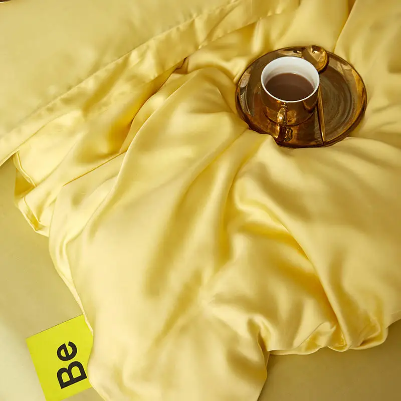

Lofuka Luxury Light Yellow 100% Silk Bedding Set Double Queen King Flat Sheet Pillowcase Beauty Silky Quilt Cover For Deep Sleep