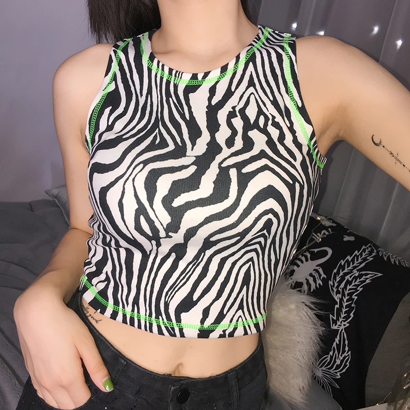 Майка без рукавов с рисунком зебры женская сексуальная укороченная летняя