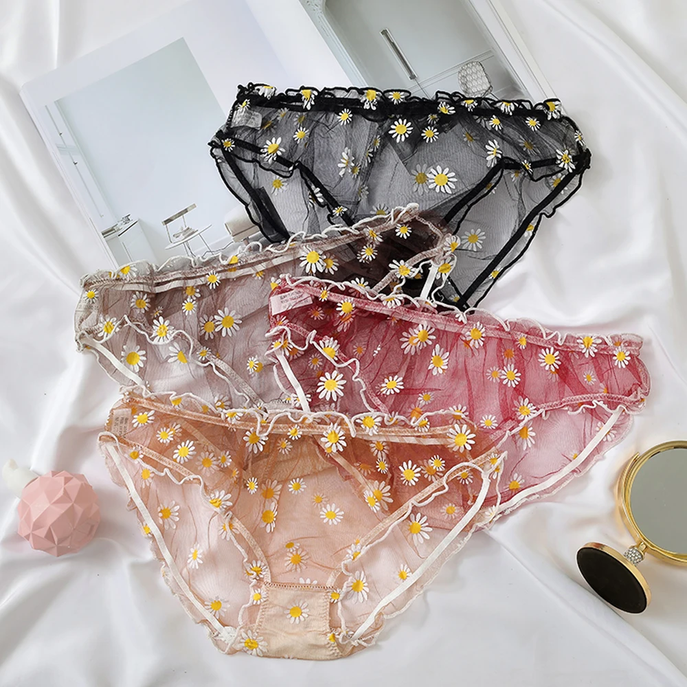 

Daisy Print Mesh Women Underwear Sexy Transparent Hollow Out Ladies Lace Panties Fashion Seamless Briefs Lingerie