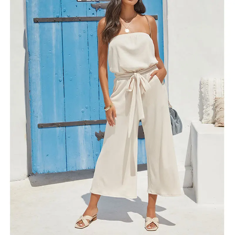 

Summer One-shoulder 2 Pieces Lace Up Women's Sets Half Sleeve Top Wide Leg Pants Solid Female Set 2021 Elegant Fashion Lady Suit