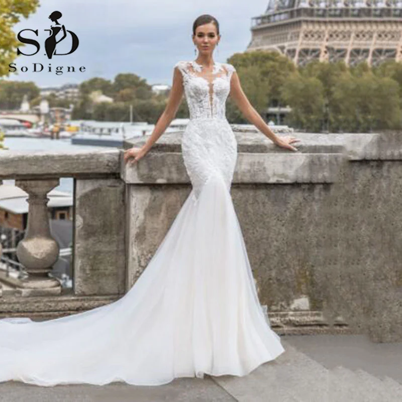 Купи SoDigne Mermaid Wedding Dress Sexy O Neck Ivory Soft Tulle with Lace Appliqued Bridal Dresses Wedding Gowns за 6,999 рублей в магазине AliExpress