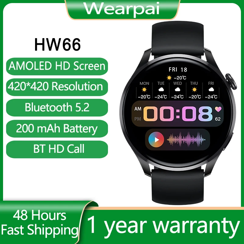 

Смарт-часы HW66 мужские, умные часы с AMOLED экраном HD, Bluetooth, тест кровяного давления, звонки, pk GTR GTS 2 Pro Stratos 3 для телефона Huawei