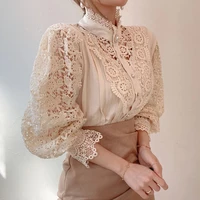 women petal sleeve stand collar hollow out flower lace patchwork shirt femme blusas all match women blouse chic button white top