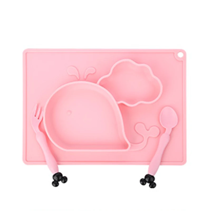 Whale Pink 3 шт. детская силиконовая обеденная тарелка, ложка, набор для кормления детей, вилка Кита, посуда против падения, мультяшная миска для малышей, краб, детская посуда - Цвет: Whale Pink