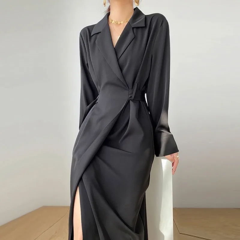 

Solid Elegant Dress Women Autumn Bandage Midi Split Dress Office Lady Designer Casual Korean Style One-piece Dress Female 2022