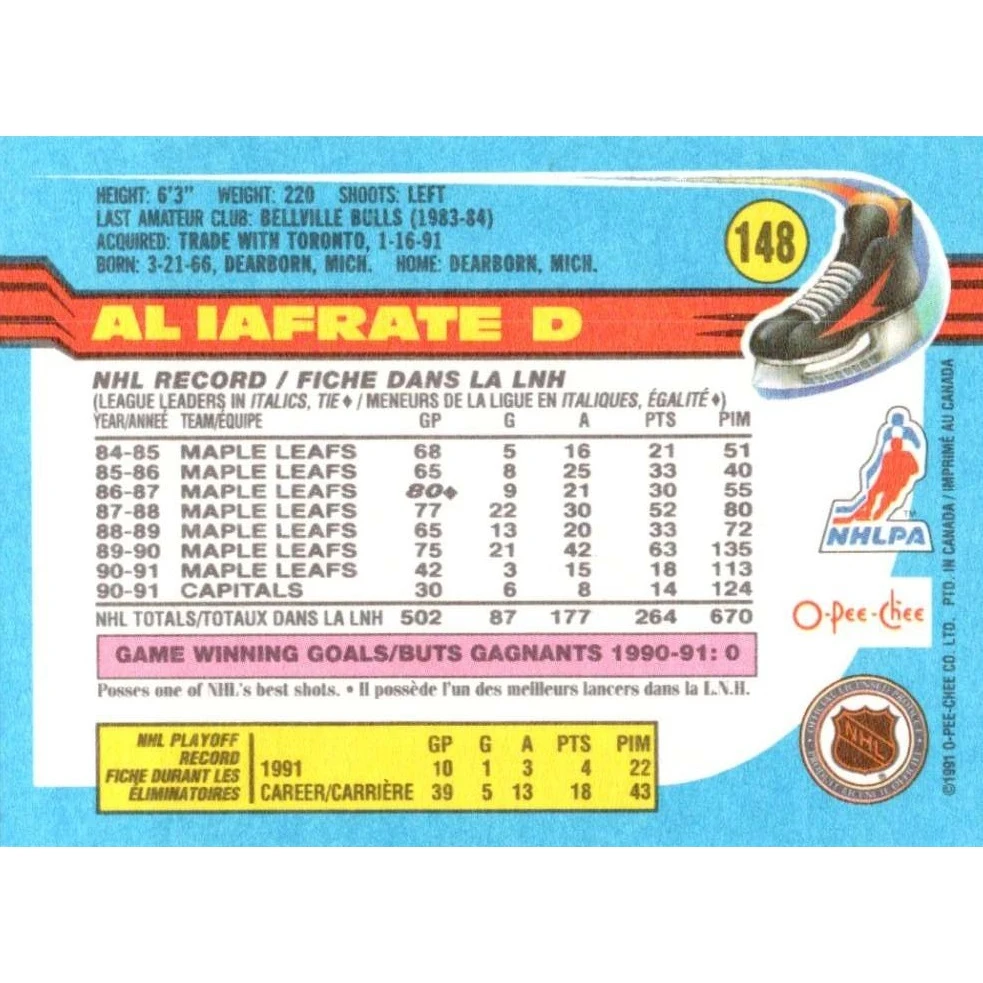 O-Pee-Chee 1991 Коллекционная хоккейная карточка №148 Al Iafrate | Игрушки и хобби