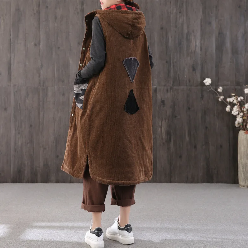 Женский клетчатый жилет Max LuLu повседневный вельветовый Длинный с капюшоном в