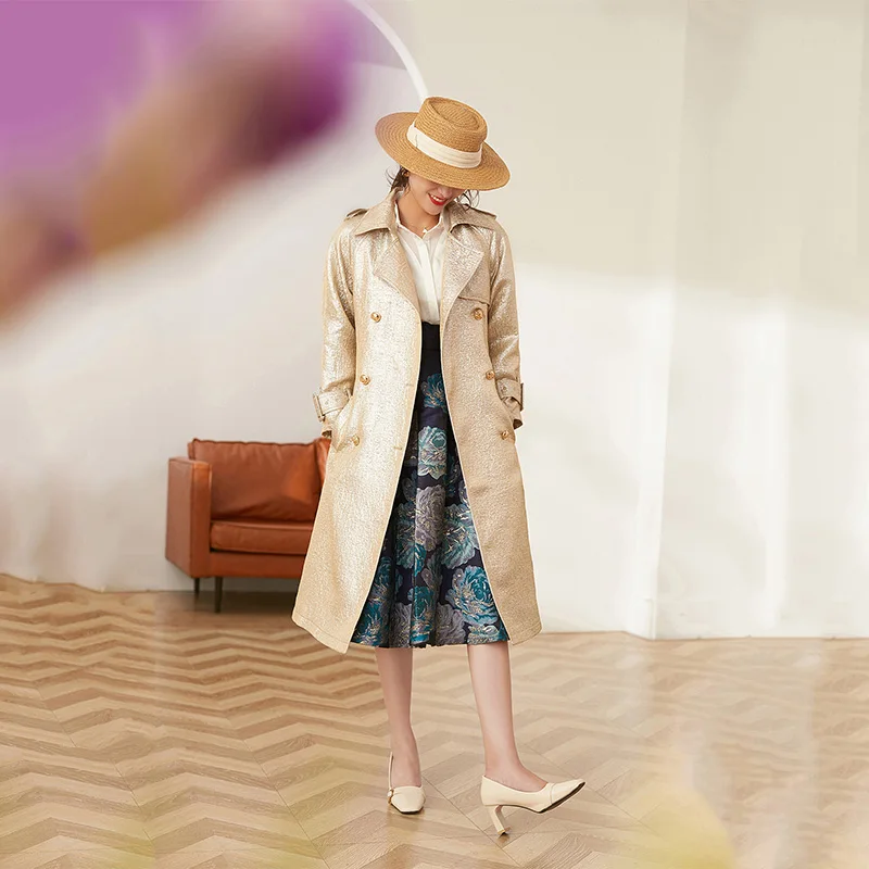 Роскошный Золотой Женский Тренч во французском стиле свободная Женская ветровка