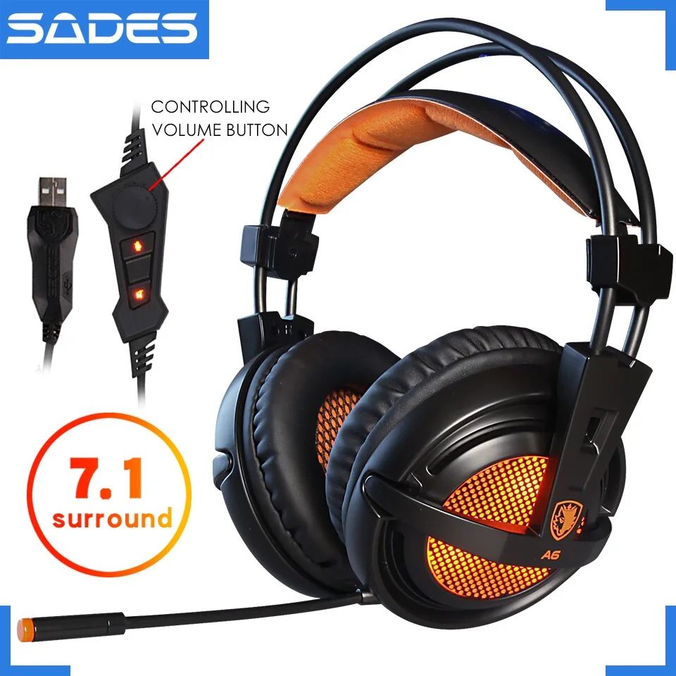 Наушники для игр на ПК SADES A6 с проводом, геймерский гарнитур со звуком 7.1 Surround Sound, стерео-наушники, микрофон, светодиодный дыхательный свет на головном наборе.