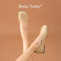beautoday flats women cow leather loafers stone pattern square toe slip on shallow concise ladies shoes handmade 18052