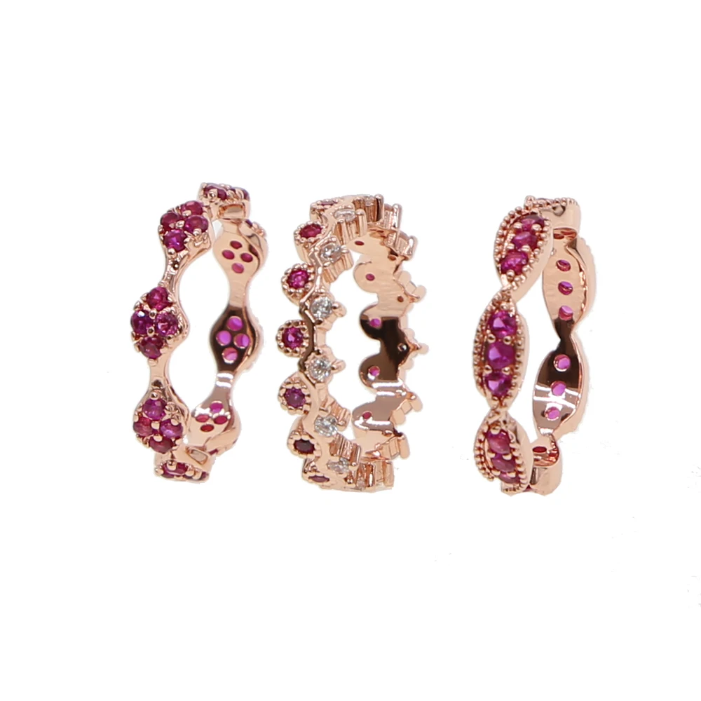 2021 New arrived Korean Personality three Piece Suit Combination Rings For Women fuchsia shape cz Finger Accessories Simple Ring | Украшения