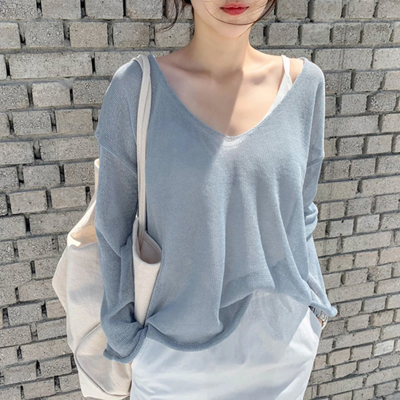 

Блузка женская тонкая с V-образным вырезом, пикантный пуловер, однотонная свободная Солнцезащитная одежда в Корейском стиле, весна-лето-осе...