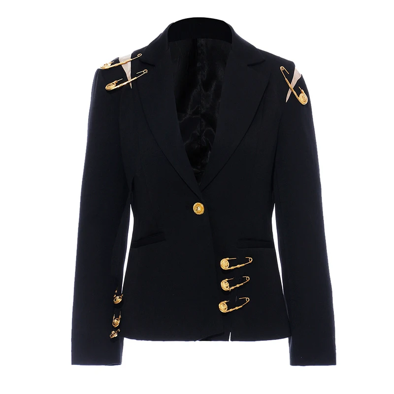 

VGH Patchwork Pin Hollow Out Office Lady Blazer For Women Long Sleeve Back Split Slim Fit Coat Female 2021 Spring Fashion New