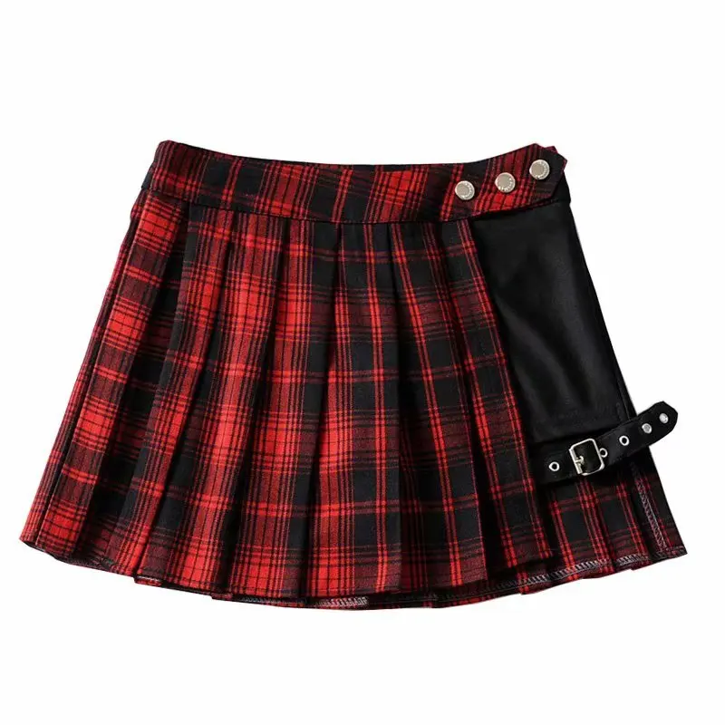 T36 tartan red Универсальная женская короткая юбка, модная клетчатая красная плиссированная юбка, клетчатая юбка с боковыми пуговицами, Женская Повседневная мини-юбка - Цвет: T36 tartan red