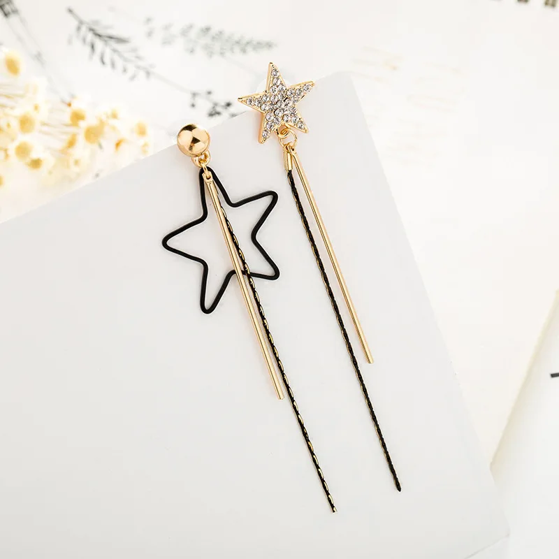 

Fashionable Long Tassel Simple And Asymmetric Five Star Diamond Earrings Female Temperament Earnails