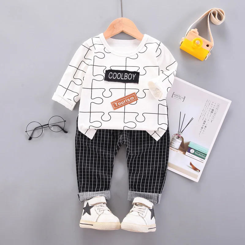 

Autumn Children's Clothing For Boys Baby Long-sleeved T-shirt Pants 2 Pieces Geometric Puzzle Top Striped Pants 0-4 Years Old