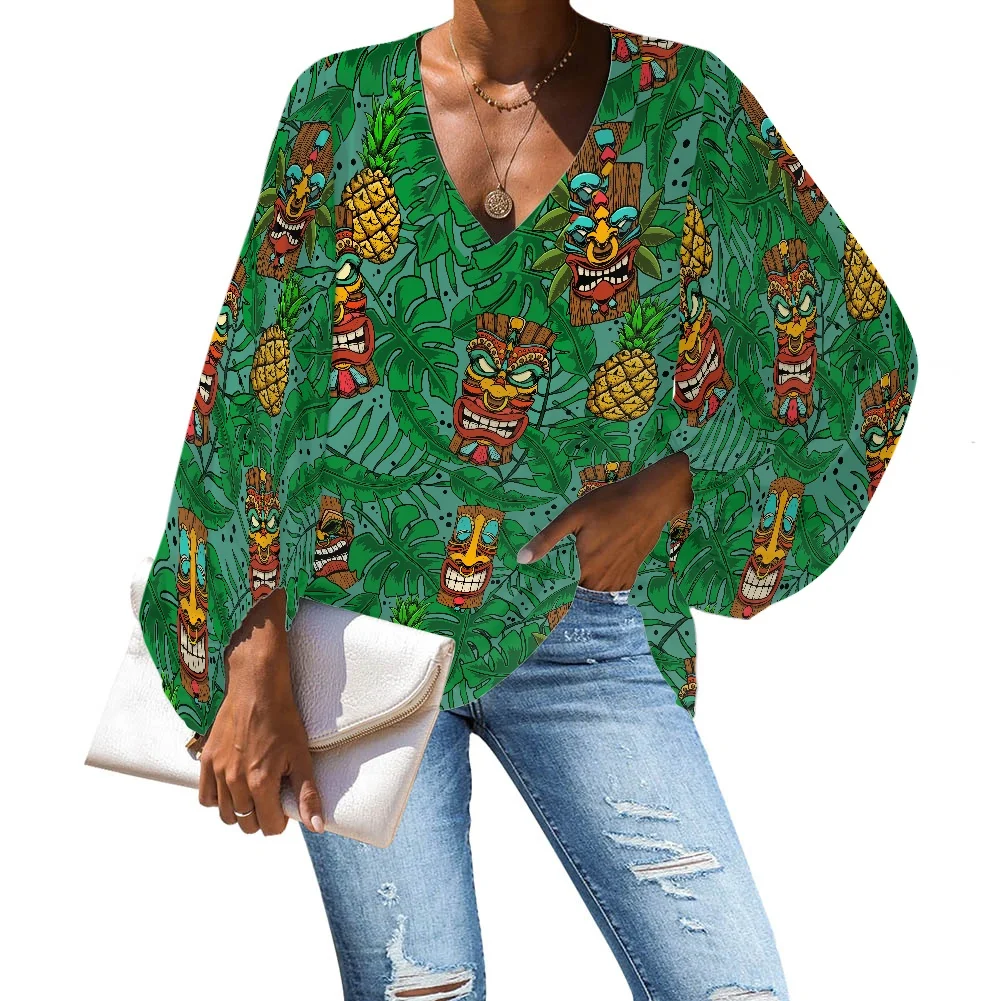 

Art Large Size Blouse Tropical Palm Leaf Collage Pattern Blouse 2021 Casual Loose Long Sleeve Shirt Tops V-neck Female Clothing