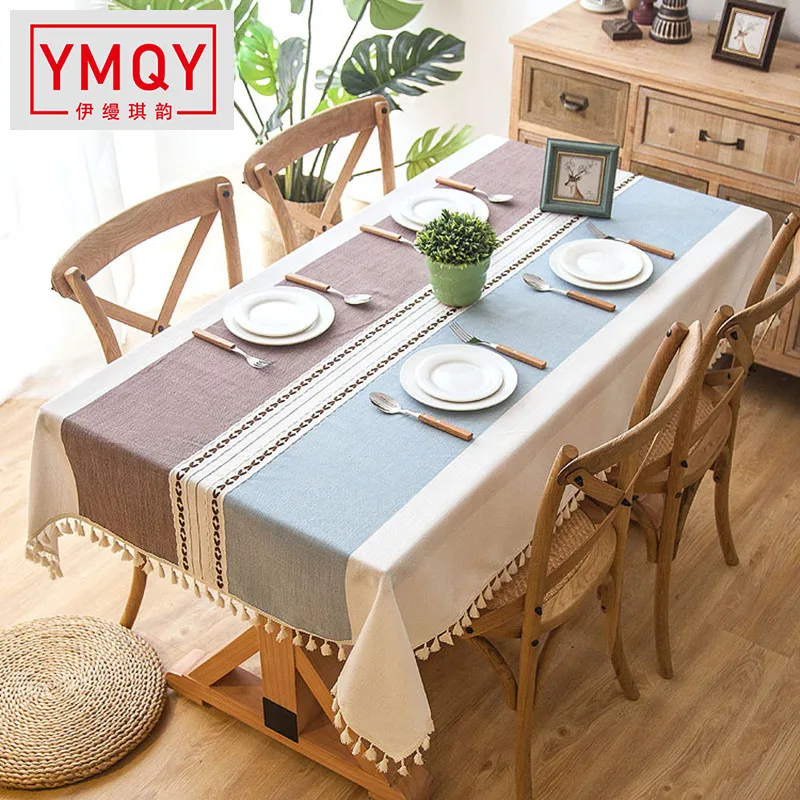 Клетчатая декоративная льняная скатерть с кисточкой водонепроницаемая