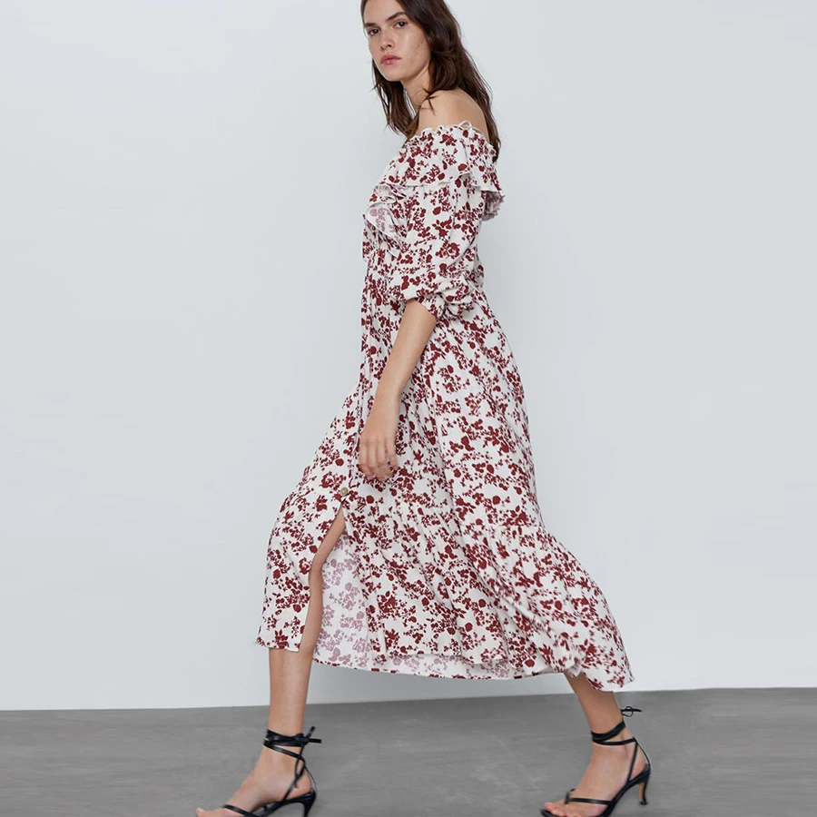 Женское винтажное платье миди с оборками открытыми плечами и