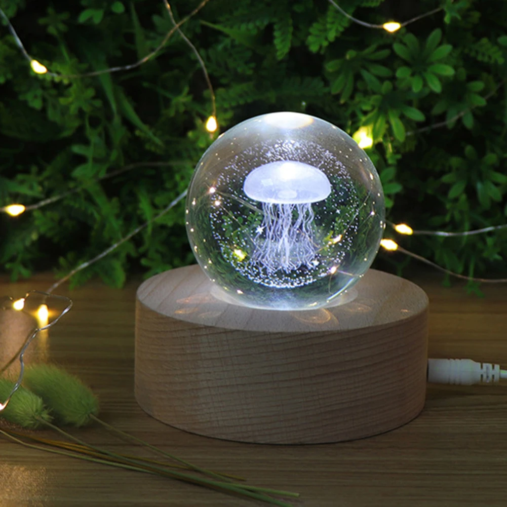 

Decorative Wooden Base Bedside Crystal Ball Brithday Gift Dormitory Home Table Artificial Jellyfish LED Night Light USB Powered