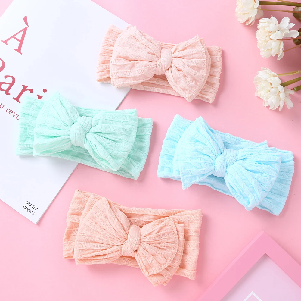 Diadema de nailon suave con lazo para ni&ntilde;a, diadema hecha a mano, banda de Color s&oacute;lido, tocado c&oacute;modo para reci&eacute;n nacido, gran oferta, 100%-1