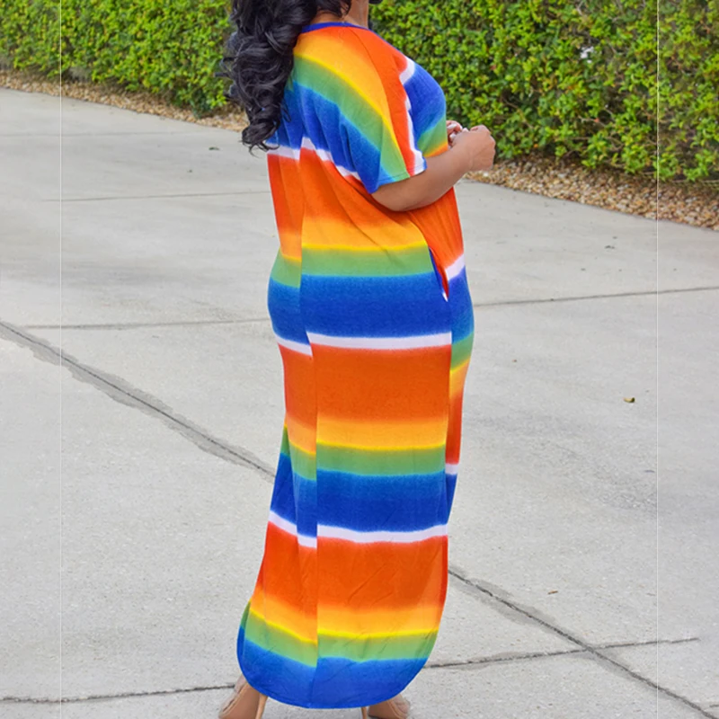 

Color Striped Print Short Sleeved Split Maxi Dress V Neck Women's Beach Summer Dress LXH