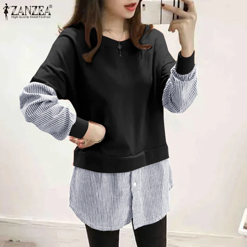 

Full Sleeve O-Neck Pullover Hoodies Blouse 2022 ZANZEA Spring Women Stripe Patchwork Loose Button Chemise Casual Fashion Tops